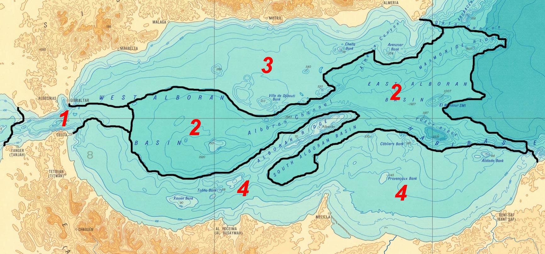 Batimetria mediterranea: 1. mare di Alboran