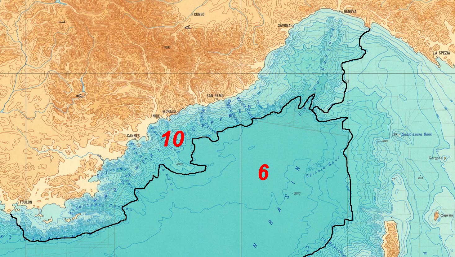 Batimetria mediterranea: 4. costa ligure-provenzale